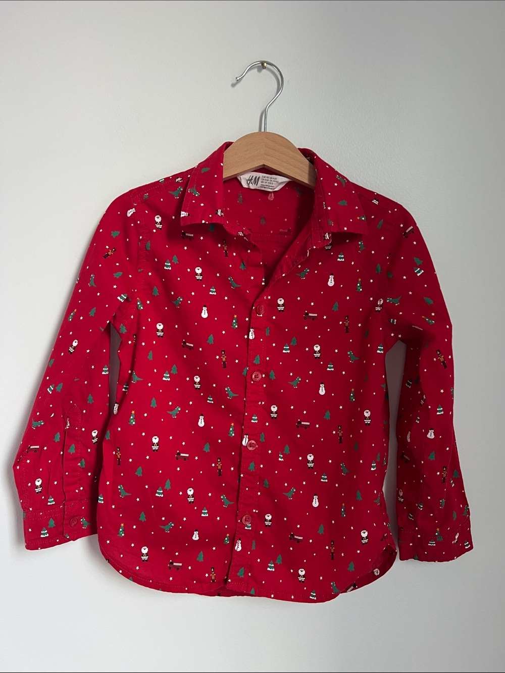 H&M | Red Holiday Print Button-Down Shirt for Kids 4-5 Y